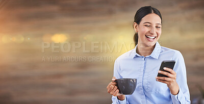 Buy stock photo Business woman on phone, coffee break in office and relax with wifi network on mockup space. Happy professional person smiling, texting online with social media and typing message on smartphone