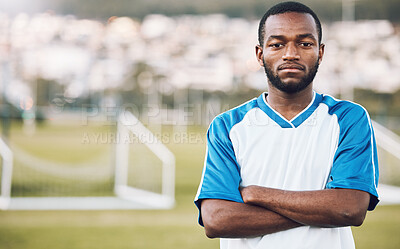 Buy stock photo Sports, black man and portrait of soccer player on field, focus and motivation for winning game in Africa. Confident, proud face and serious mindset at professional football exercise training match.