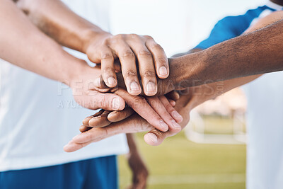Buy stock photo Teamwork, sports and stack of hands for soccer for support, motivation and community on field. Collaboration, team building and group of players ready for game success, training and match celebration
