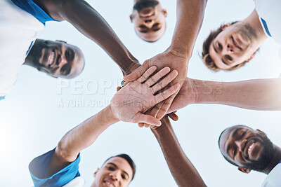 Buy stock photo Sports, soccer and stack of hands of team for support, motivation and community with bottom view. Collaboration, teamwork and faces of football players ready for success in game, training and goals