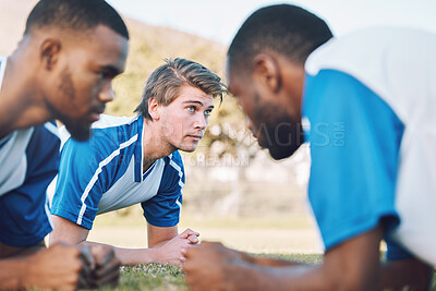 Buy stock photo Team, push up and football player coaching on field training, practice and sports challenge with muscle support. Group, soccer people or men on grass or ground for workout fitness of personal trainer