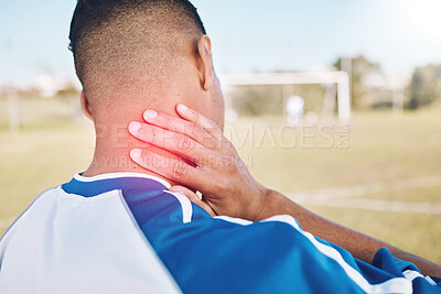 Buy stock photo Fitness, field and athlete with neck pain, injury or accident from soccer match, exercise or training. Sports, workout and football player with medical emergency or muscle sprain at outdoor stadium.
