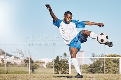 Buy stock photo Sports, soccer and black man kick ball playing game, training and exercise on outdoor field. Fitness, workout and male football player in action, running and score goals, winning and competition