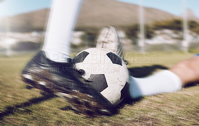 Buy stock photo Soccer, shoes and ball with motion blur, fitness on sports field, action and speed, tackle and training outdoor. Football player with match, people play team sport and energy with exercise closeup