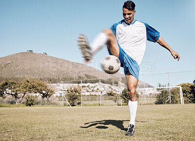 Buy stock photo Football outdoor, happy soccer player and man athlete with sports cardio, training and exercise on field. Kick, game and workout with fitness and running for wellness and health for game with energy