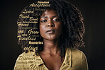 Beauty, portrait and black woman in a studio with a quote for motivation, strength or empowerment. Poster, inspiration and African female model with an afro with words overlay by a black background.