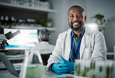 Buy stock photo Scientist black man, portrait and lab with smile for research, plants and vision with innovation with senior woman. African science expert, happy and motivation at desk with pride, goals and mission