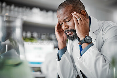 Buy stock photo Headache, stress and black man with burnout from science, lab work and research innovation. Sad, frustrated and African scientist with migraine pain, anxiety and tired from healthcare analysis