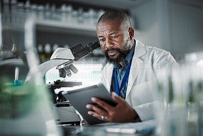 Buy stock photo Black man thinking, science and tablet for online research, laboratory and healthcare sample. African American male, scientist or research in lab, digital data and update experiment results and focus
