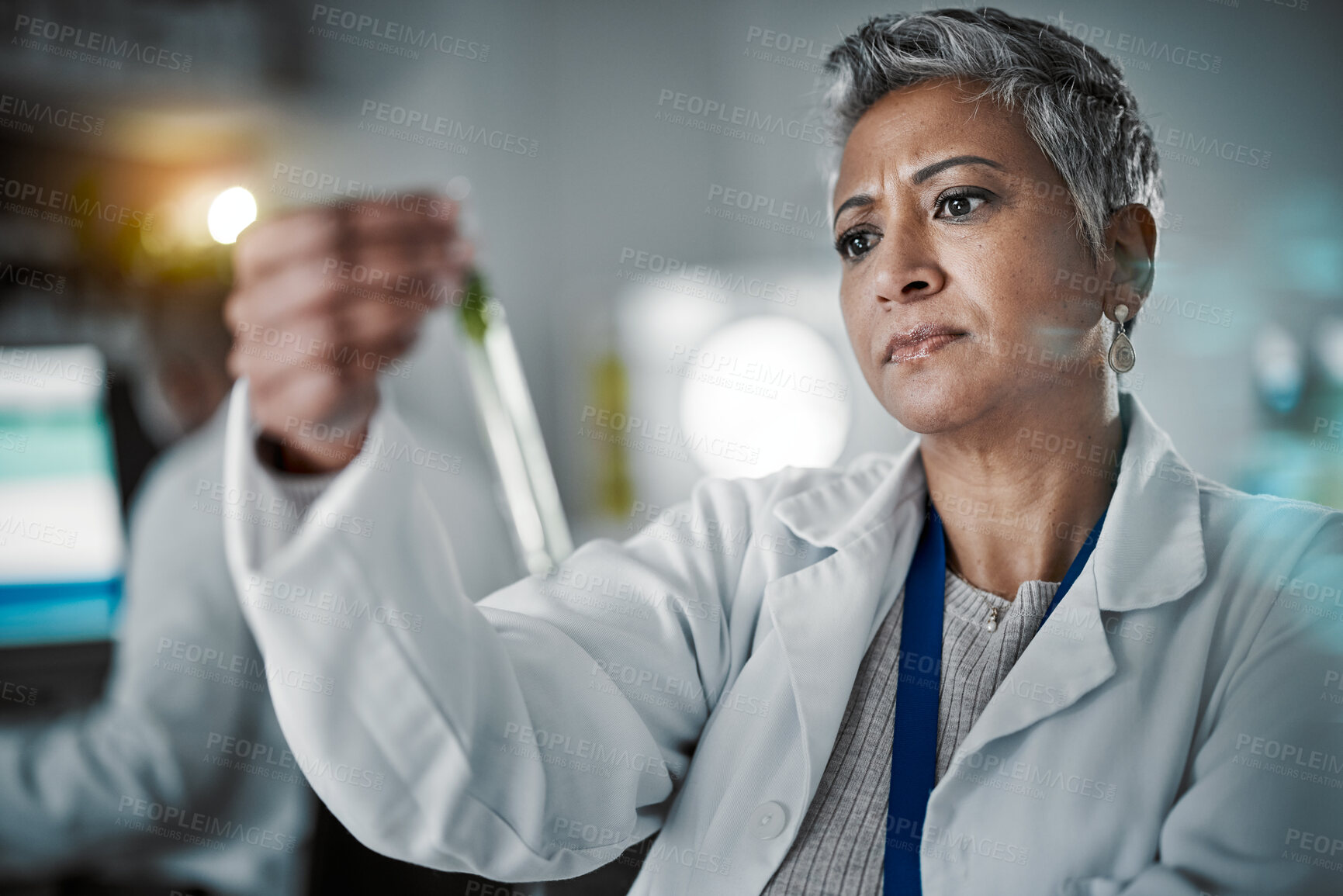 Buy stock photo Research, thinking and science with senior woman in laboratory for pharmacy, medicine and future development. Innovation, idea and test tube with expert for vaccine, investigation and biotechnology