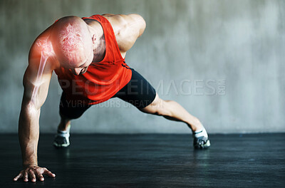 Buy stock photo Fitness, push up and bodybuilder man in strong, power training or exercise in gym and muscle x ray overlay. Health, sports and athlete person with shoulder or arm workout on ground on wall background