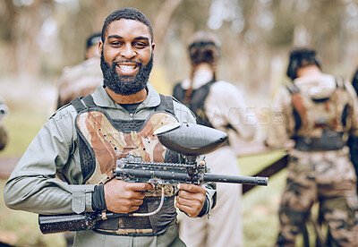 Buy stock photo Paintball, gun and portrait of black man with smile ready for game, match and shooting battle outdoors. Extreme sports, adventure and male in camouflage, military clothes and action gear for arena