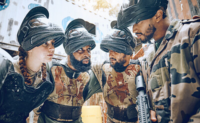 Buy stock photo Diversity team, paintball and planning strategy together with friends while talking game action plan. Diversity men and women group for military, soldier or army person leader on battlefield for war