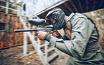 Paintball, man and games, gun and target, sport with fitness and battlefield challenge, war soldier outdoor. Motion blur, extreme sports and exercise, shooting range and military mission and training