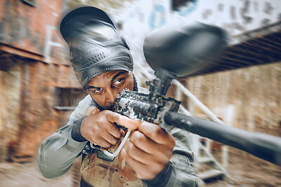 Buy stock photo Black man shooting, paintball gun or war game with vision, aim or tactical strategy for army contest. Military exercise, soldier focus and warfare simulation for weapon combat, outdoor and mission