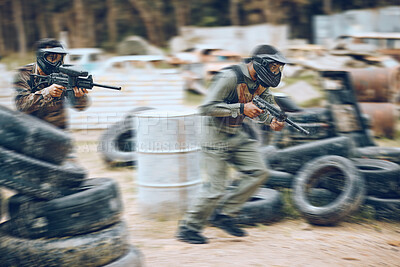 Buy stock photo Paintball, running or men in a shooting game playing with speed or fast action on a battlefield. Mission focused, military or warriors training with a gun or weapon gear for survival in a competition