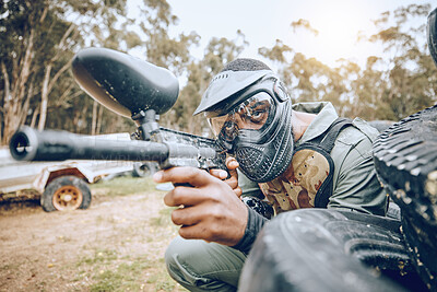 Buy stock photo Paintball, man and gaming, gun and target with sport, fitness on battlefield and challenge with war soldier outdoor. Extreme sports, aim weapon and shooting range with military mission and training