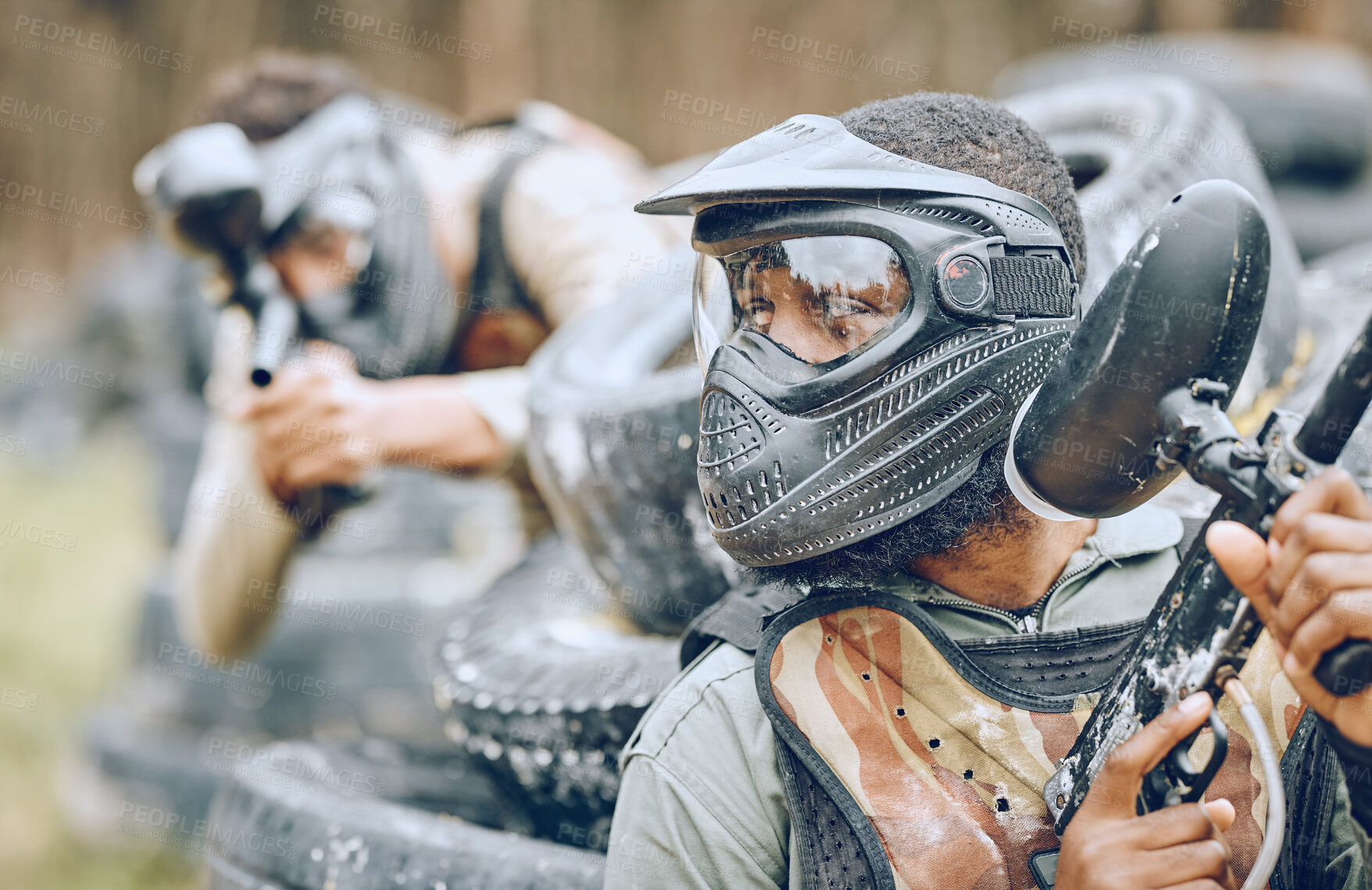 Buy stock photo Paintball, warrior or black man thinking in a shooting game of fighting action on a fun battlefield. Mission focused, military or player with a gun or weapons for survival in an outdoor competition 