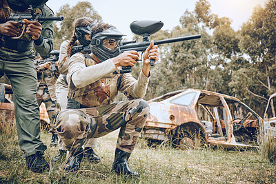 Buy stock photo Target, teamwork and paintball with people in field for sports,  fitness and shooting games. War, smoke and community with man gamer playing in camouflage for military, army and competition training