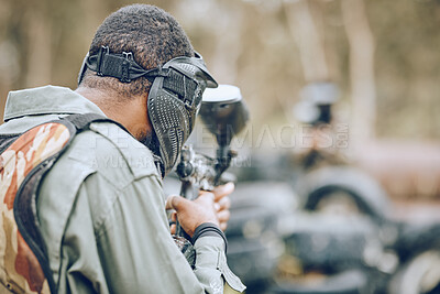 Buy stock photo Paintball, man and game, gun and target, sport with fitness and battlefield challenge, war soldier outdoor. Mockup space, extreme sports and exercise, shooting range and military mission and training