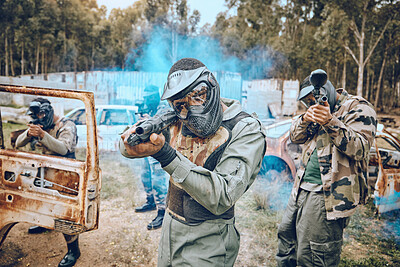 Buy stock photo Teamwork, paintball and sports with people in field for hero, target and shooting games. War, smoke and community with man gamer playing in camouflage for military, army and competition training