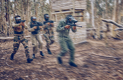 Buy stock photo Paintball, team work or men running in a shooting game with speed or fast action on a fun battlefield. Mission focus, military or people with guns for survival in a competition in nature or forest