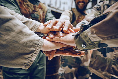 Buy stock photo Soldier, team building or hands in a huddle for a mission, strategy or motivation on a paintball battlefield. Goals, collaboration or army people with support in a partnership or military group 