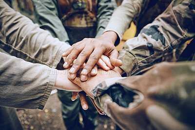 Buy stock photo Military, team work or hands in a huddle for a mission, strategy or motivation on a paintball battlefield. Goals, collaboration or army people with support in a partnership or group of ready soldiers