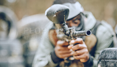 Buy stock photo Paintball gun zoom, target and sports outdoor with black man and fitness, battlefield challenge and war with soldier. Mockup space, extreme sport and exercise, shooting range and military mission