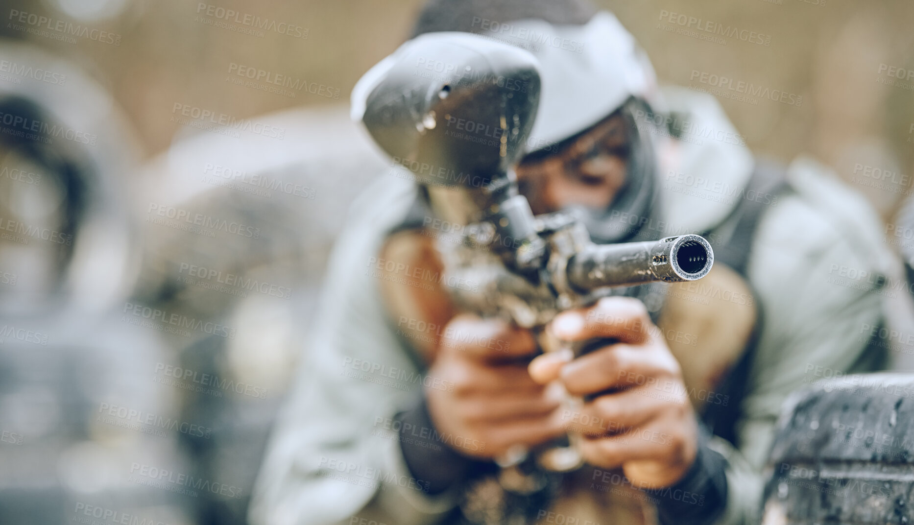 Buy stock photo Paintball gun zoom, target and sports outdoor with black man and fitness, battlefield challenge and war with soldier. Mockup space, extreme sport and exercise, shooting range and military mission