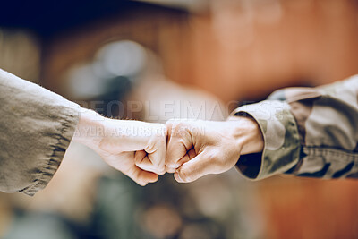 Buy stock photo Hands, soldier and fist bump for partnership, deal or agreement in collaboration or trust together. Hand of army people touching fists in support for friendship, community or unity in solidarity
