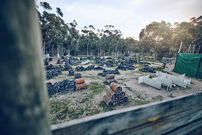 Buy stock photo Paintball field, no people and battle army ground in nature in the morning on a battlefield. Training, exercise and war game base for competition and fight games outdoor isolated for shooting