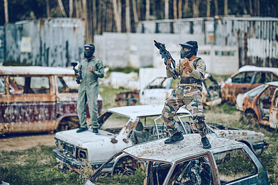 Buy stock photo Paintball, winner and soldier with gun and fist pump, victory on battlefield with military man, fitness and winning game. Sport, achievement and yes in camouflage, celebration and war win outdoor