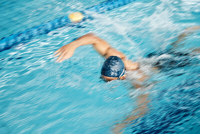 Buy stock photo Man, speed or freestyle stroke in swimming pool cap for sports wellness, training or exercise for body healthcare. Workout, fitness and swimmer athlete in motion blur for water competition challenge