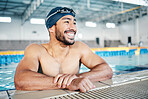 Happy athlete, relax or pool swimmer with cap or goggles in sports wellness, training or exercise for body muscle. Workout, fitness or swimming man with smile, water competition goals or healthcare