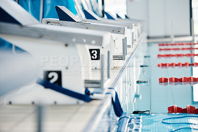 Buy stock photo Sports, competition and podium row by swimming pool for training, exercise and workout for water sport. Fitness mockup, motivation and professional starting block for diving, triathlon and race