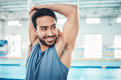 Buy stock photo Happy, man and stretching at a swimming pool for training, cardio and exercise, indoor and flexible. Athlete, smile and swimmer stretch for workout, swim and fitness routine, warm up and preparation