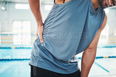 Buy stock photo Sports, back pain and man by swimming pool with muscle ache, injury and arthritis inflammation. Health, medical care and athlete with accident, emergency or bruise from fitness, exercise or training