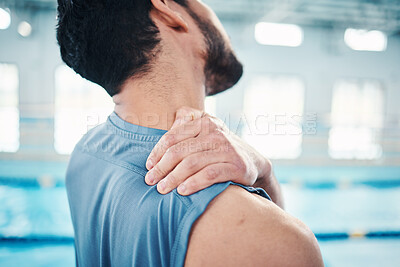 Buy stock photo Sports, back pain and man by swimming pool with injury, muscle ache and body inflammation. Massage, medical aid and male athlete with accident, emergency or bruise from fitness, exercise or training