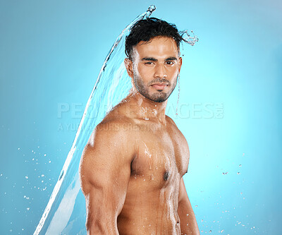 Buy stock photo Water, splash and portrait of model for beauty, skin and skincare cleaning body, muscle and topless. Istanbul, fit and wellness man with moisture, cleanse and hydration isolated in studio background