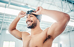 Swimming athlete, man with smile and start race, fitness and exercise at pool, motivation and active lifestyle. Water sports, happy and face with workout, training and health with wellness in sport