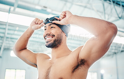 Buy stock photo Swimming athlete, man with smile and start race, fitness and exercise at pool, motivation and active lifestyle. Water sports, happy and face with workout, training and health with wellness in sport