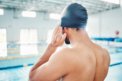 Buy stock photo Man, ready or swimmer hands with pool cap or gear and sports vision, body power or mindset in water competition. Training, workout or exercise for swimming athlete with fitness goals or healthcare