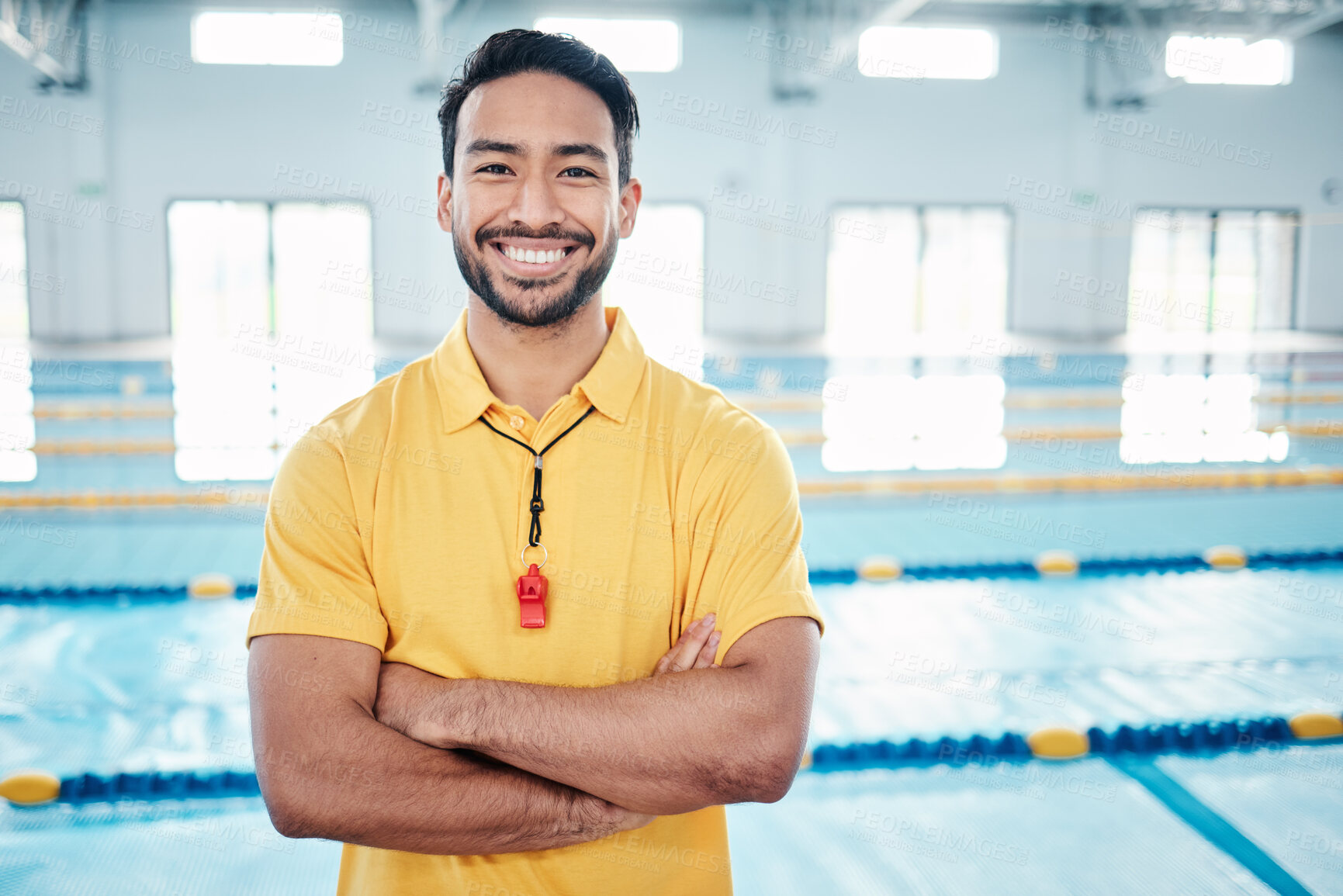 Buy stock photo Portrait, proud and coach at a swimming pool for training, exercise and practice at indoor center. Face, happy and personal trainer ready for teaching, swim and athletic guidance, smile and excited 