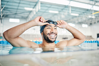 Buy stock photo Happy, man or relax in swimming pool with cap or goggles in sports wellness, training or exercise in body muscle. Workout, fitness or swimmer athlete with smile, water competition goals or healthcare