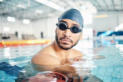 Buy stock photo Man, face or swimmer with pool cap, goggles or gear and sports vision, ideas or mindset in Asian water competition. Training, workout or exercise for swimming athlete with fitness goals or healthcare