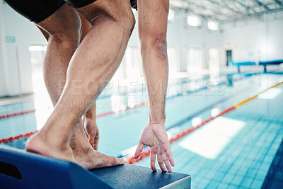 Buy stock photo Sports, swimming and man on diving board by pool for training, exercise and workout in competition. Fitness, motivation and professional male athlete ready to dive, start and triathlon race on podium