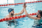 Fitness, success or friends high five in swimming pool to celebrate winning a team sports competition. Target, happy or excited men in celebration with support or motivation in a training workout