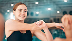 Woman stretching, fitness and swimmer, athlete start training at swimming pool and water polo with smile. Exercise, health and wellness in active lifestyle, competitive sport with workout and happy