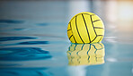 Water polo, sports and ball on swimming pool surface for game, competition and practice for match. Aquatic sport, fitness mockup and professional equipment for training, exercise and motivation